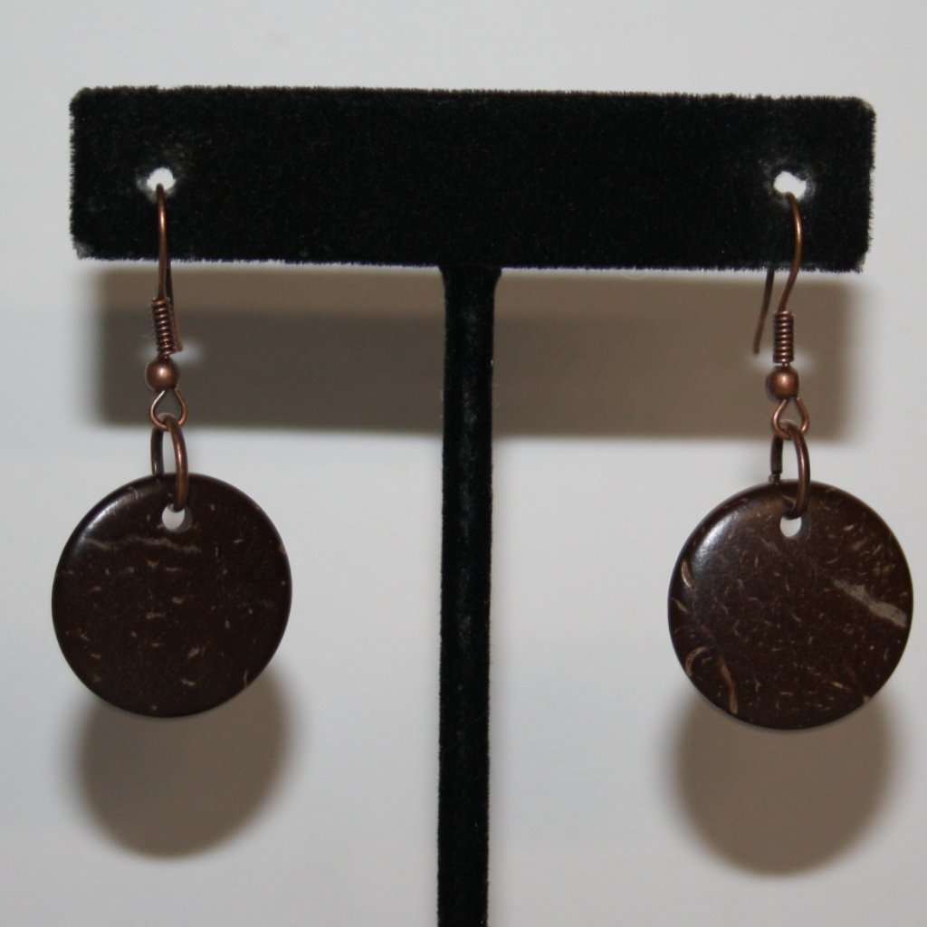 Beautiful Copper And Coconut Shell Dangle Earrings 1.5"